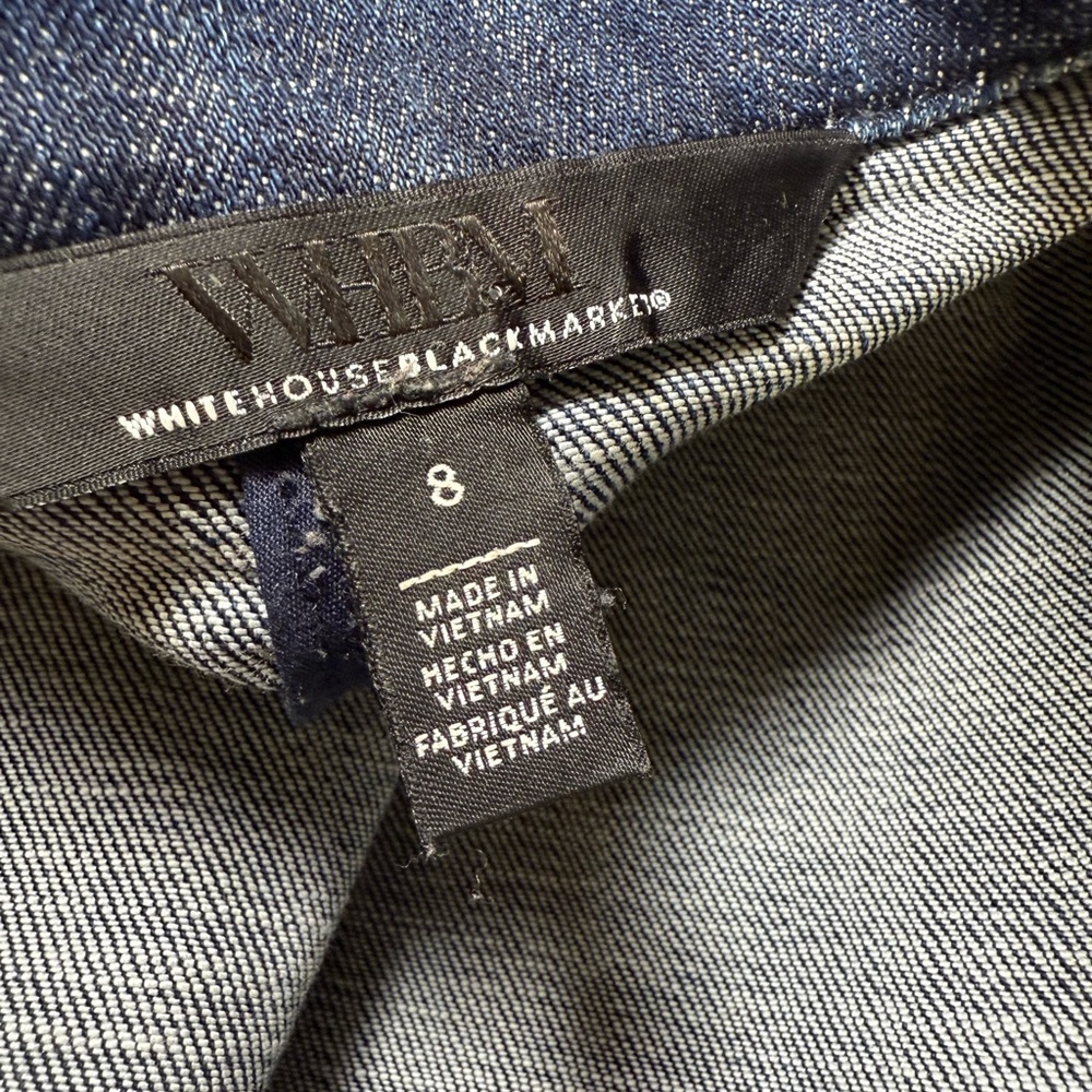 White House Black Market Blue Denim Jacket with olive green satin sleeves Size 8 - Picture 7 of 10